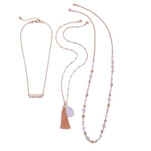 3-in-1 Rose Gold Necklace Set – Bar Pendant, Tassel with Stone, and Beaded Long